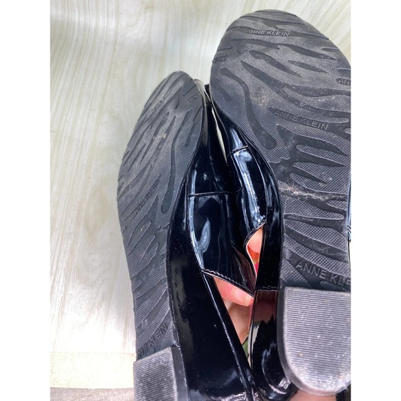 Anne Kline iflex SZ 8.5M Slingback Bow Patent Leather Wedge Black Peep Open Toe - Picture 5 of 7